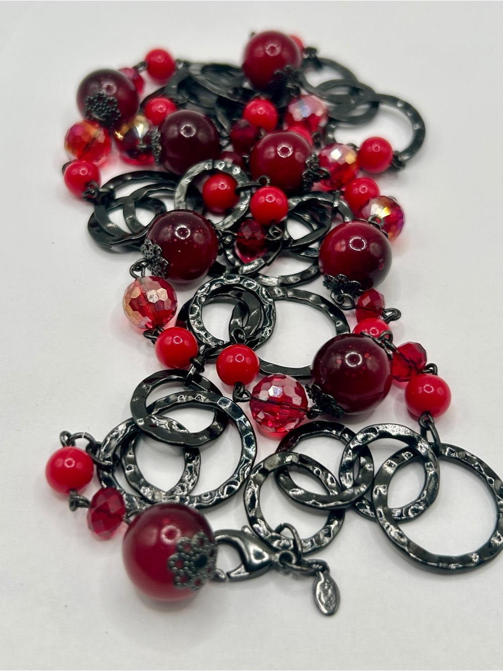 Red Beaded Long Necklace with Textured Rings​ - Picture 5 of 12